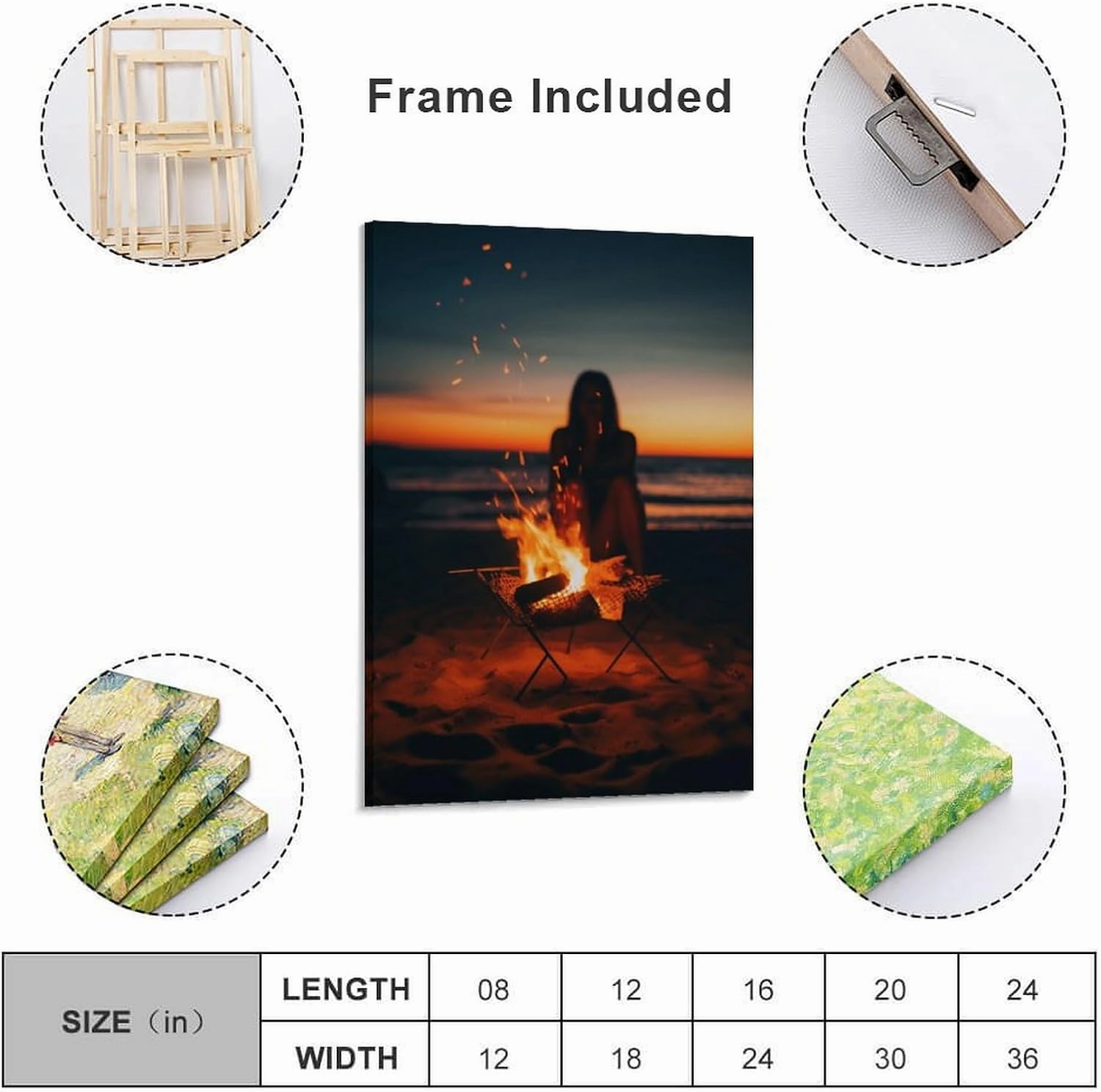 Beach Campfire Sunset Travel Aesthetic Scenery Poster Paintings Wall Decor Canvas Wall Art Photo Prints Posters for Room Aesthetic Bedroom Living Room Decor for Mens Framed Unframed 16x24inch(40x60cm)
