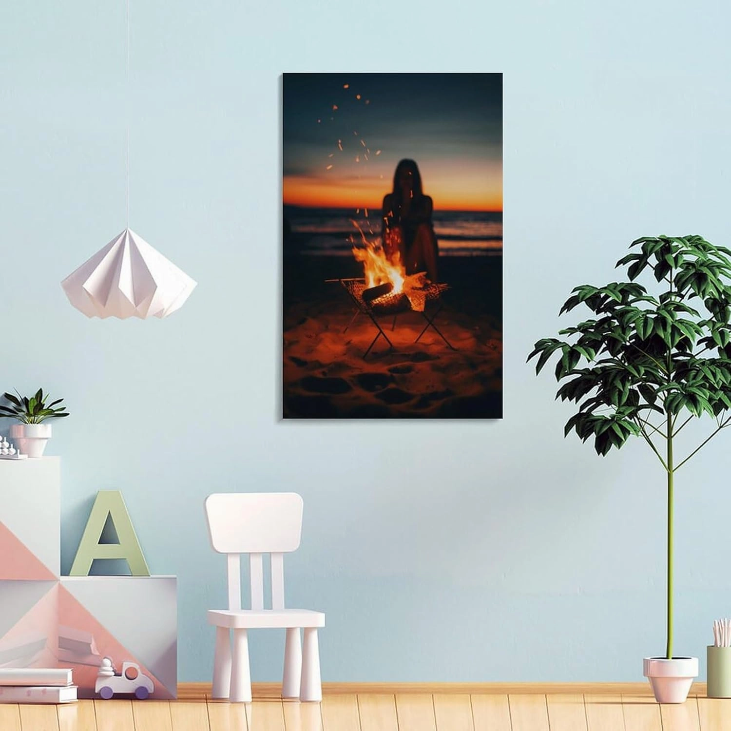 Beach Campfire Sunset Travel Aesthetic Scenery Poster Paintings Wall Decor Canvas Wall Art Photo Prints Posters for Room Aesthetic Bedroom Living Room Decor for Mens Framed Unframed 16x24inch(40x60cm)