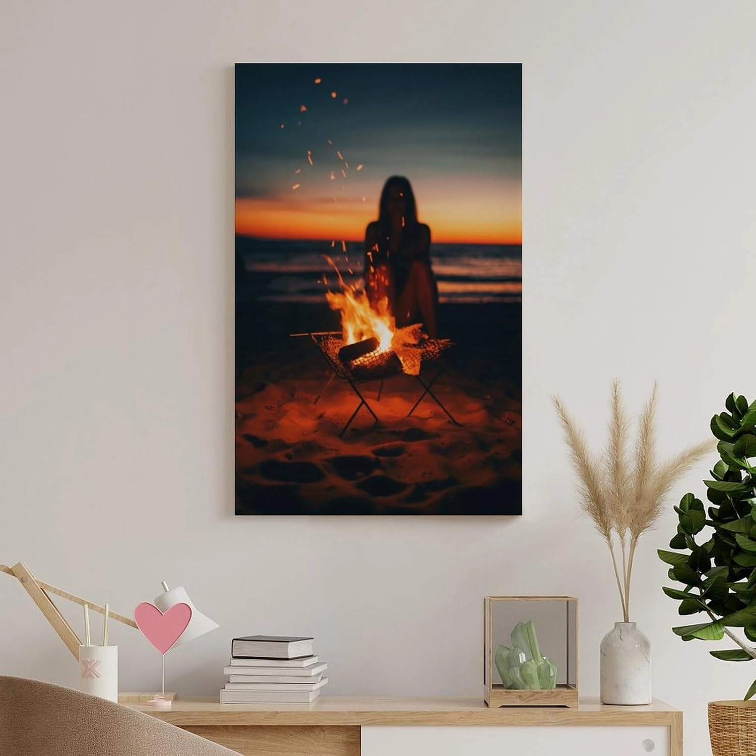Beach Campfire Sunset Travel Aesthetic Scenery Poster Paintings Wall Decor Canvas Wall Art Photo Prints Posters for Room Aesthetic Bedroom Living Room Decor for Mens Framed Unframed 16x24inch(40x60cm)