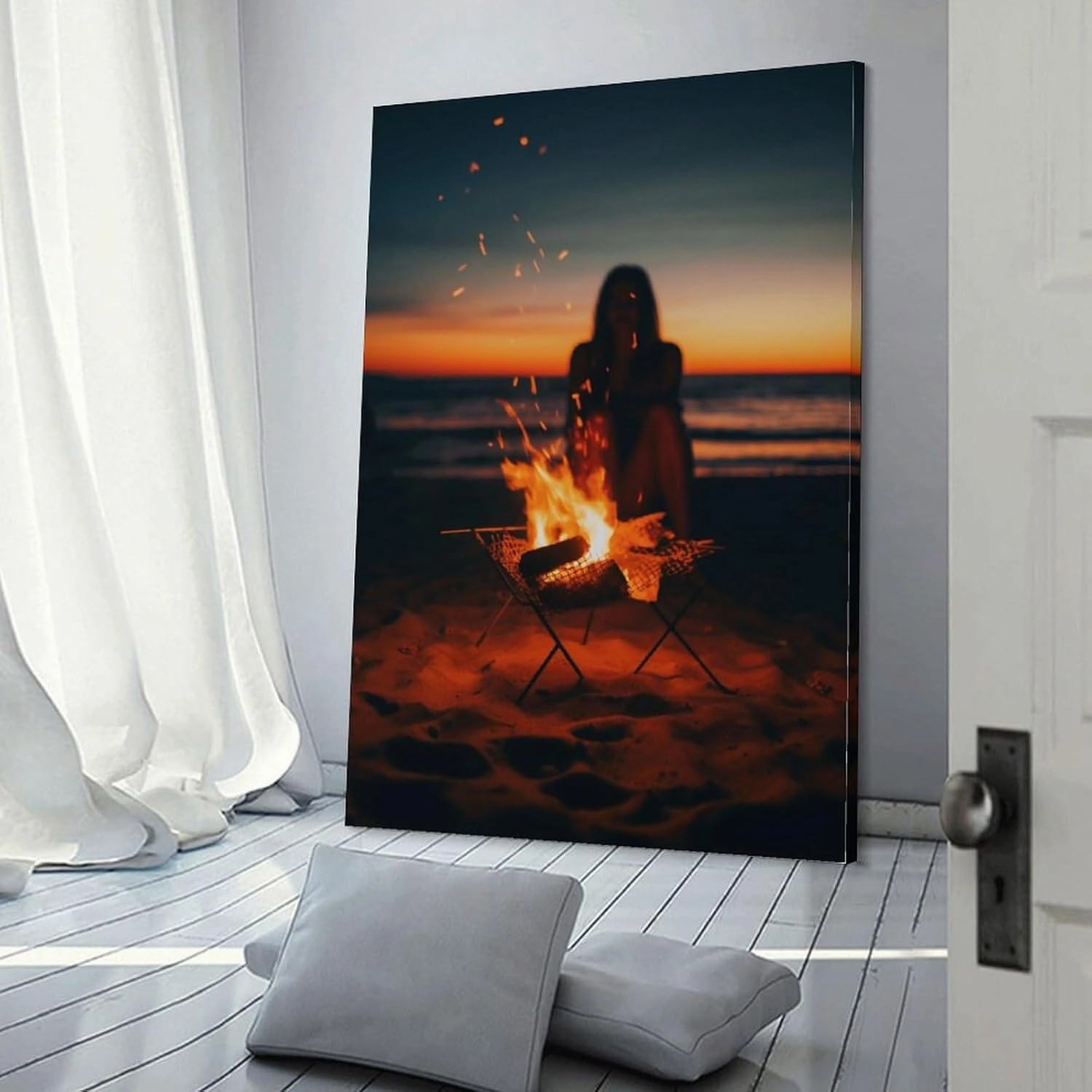 Beach Campfire Sunset Travel Aesthetic Scenery Poster Paintings Wall Decor Canvas Wall Art Photo Prints Posters for Room Aesthetic Bedroom Living Room Decor for Mens Framed Unframed 16x24inch(40x60cm)