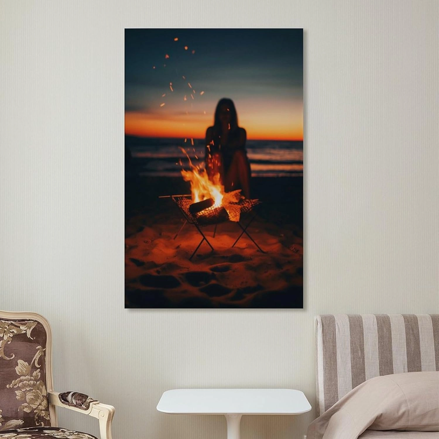 Beach Campfire Sunset Travel Aesthetic Scenery Poster Paintings Wall Decor Canvas Wall Art Photo Prints Posters for Room Aesthetic Bedroom Living Room Decor for Mens Framed Unframed 16x24inch(40x60cm)