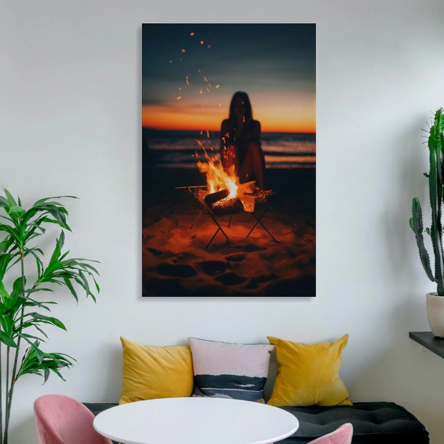 Beach Campfire Sunset Travel Aesthetic Scenery Poster Paintings Wall Decor Canvas Wall Art Photo Prints Posters for Room Aesthetic Bedroom Living Room Decor for Mens Framed Unframed 16x24inch(40x60cm)