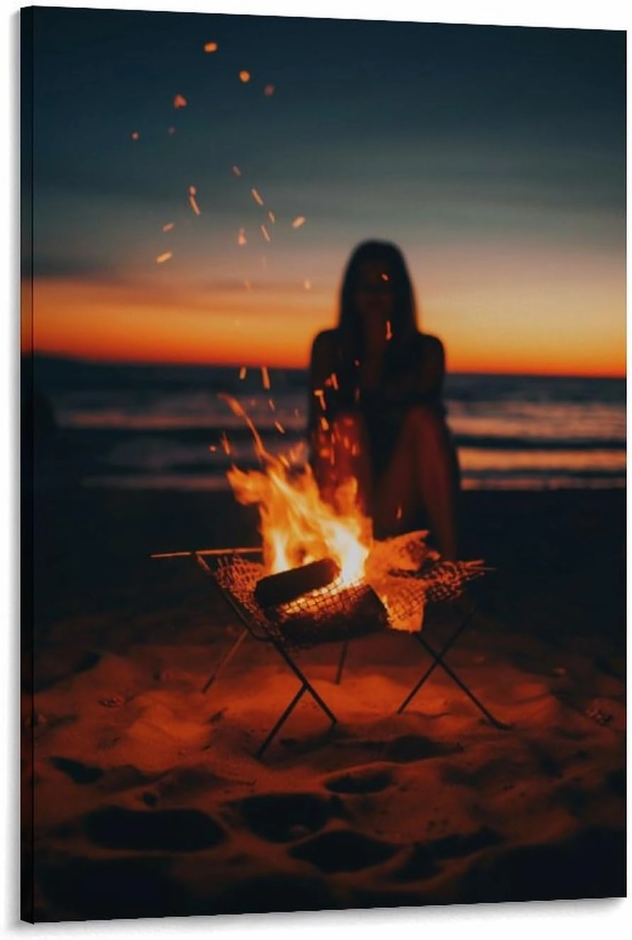 Beach Campfire Sunset Travel Aesthetic Scenery Poster Paintings Wall Decor Canvas Wall Art Photo Prints Posters for Room Aesthetic Bedroom Living Room Decor for Mens Framed Unframed 16x24inch(40x60cm)