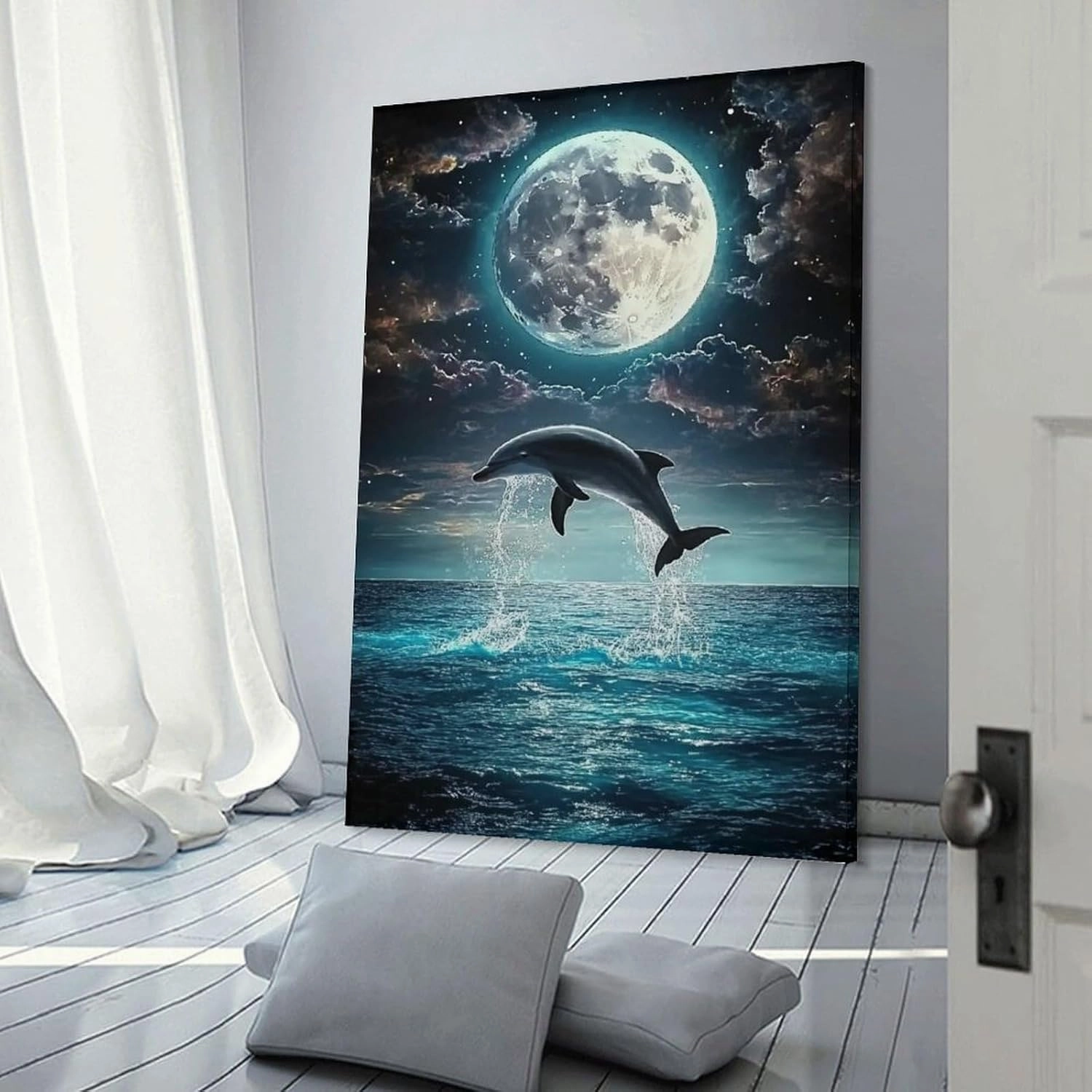 Beach Jumping Sea Moon Black Poster Canvas Wall Art Prints Posters for Room Aesthetic Bedroom Living Room Pictures Paintings Wall Decor for Mens Framed Unframed 16x24inch(40x60cm)
