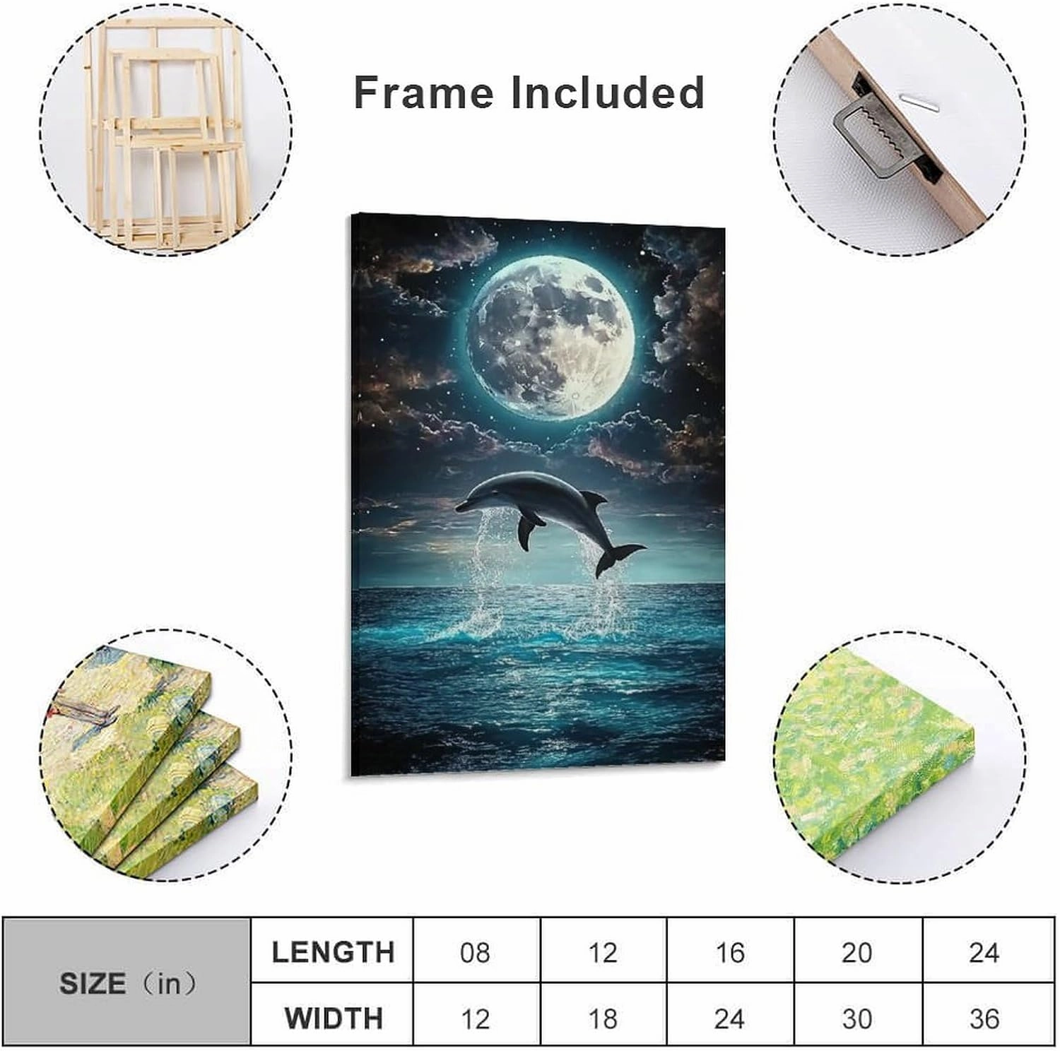 Beach Jumping Sea Moon Black Poster Canvas Wall Art Prints Posters for Room Aesthetic Bedroom Living Room Pictures Paintings Wall Decor for Mens Framed Unframed 16x24inch(40x60cm)