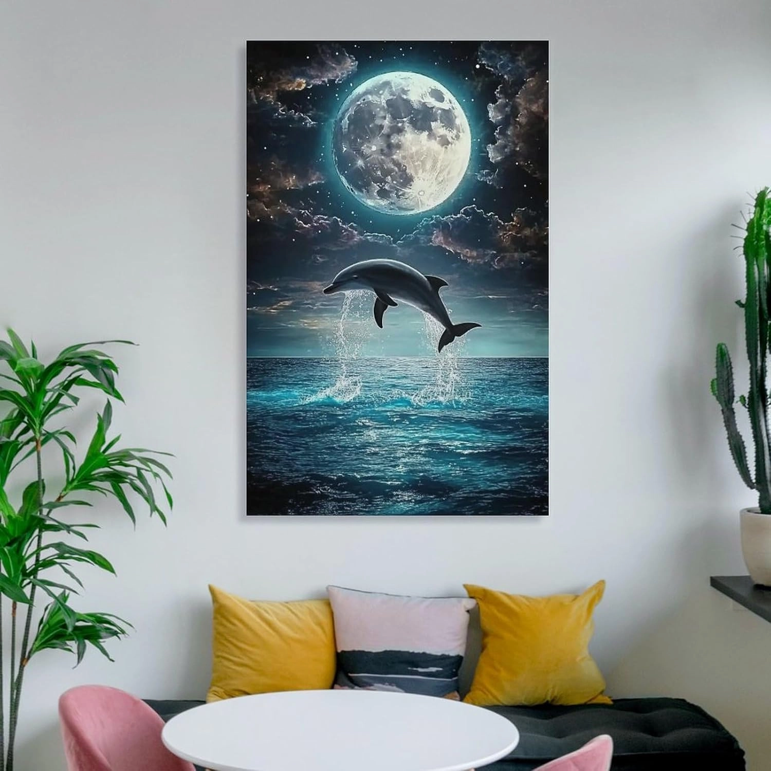 Beach Jumping Sea Moon Black Poster Canvas Wall Art Prints Posters for Room Aesthetic Bedroom Living Room Pictures Paintings Wall Decor for Mens Framed Unframed 16x24inch(40x60cm)