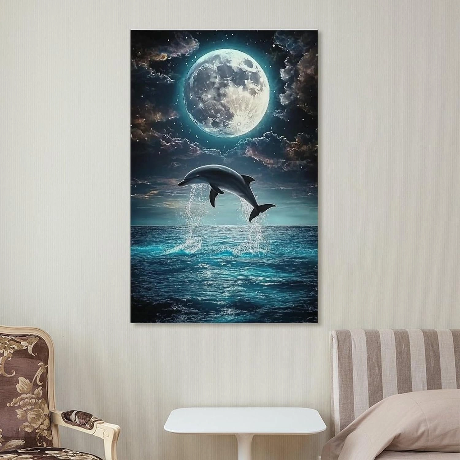 Beach Jumping Sea Moon Black Poster Canvas Wall Art Prints Posters for Room Aesthetic Bedroom Living Room Pictures Paintings Wall Decor for Mens Framed Unframed 16x24inch(40x60cm)