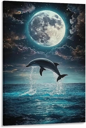 Beach Jumping Sea Moon Black Poster Canvas Wall Art Prints Posters for Room Aesthetic Bedroom Living Room Pictures Paintings Wall Decor for Mens Framed Unframed 16x24inch(40x60cm)