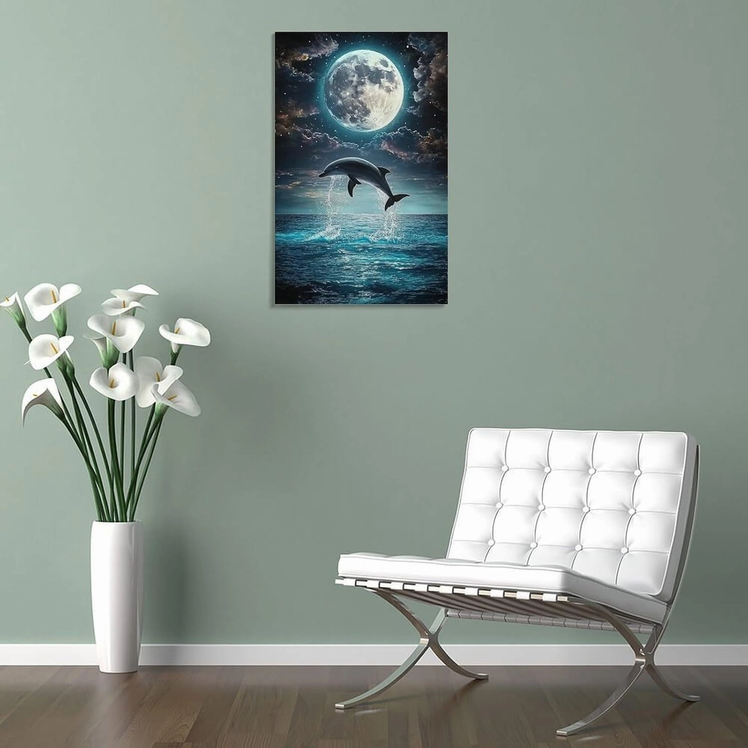 Beach Jumping Sea Moon Black Poster Canvas Wall Art Prints Posters for Room Aesthetic Bedroom Living Room Pictures Paintings Wall Decor for Mens Framed Unframed 16x24inch(40x60cm)
