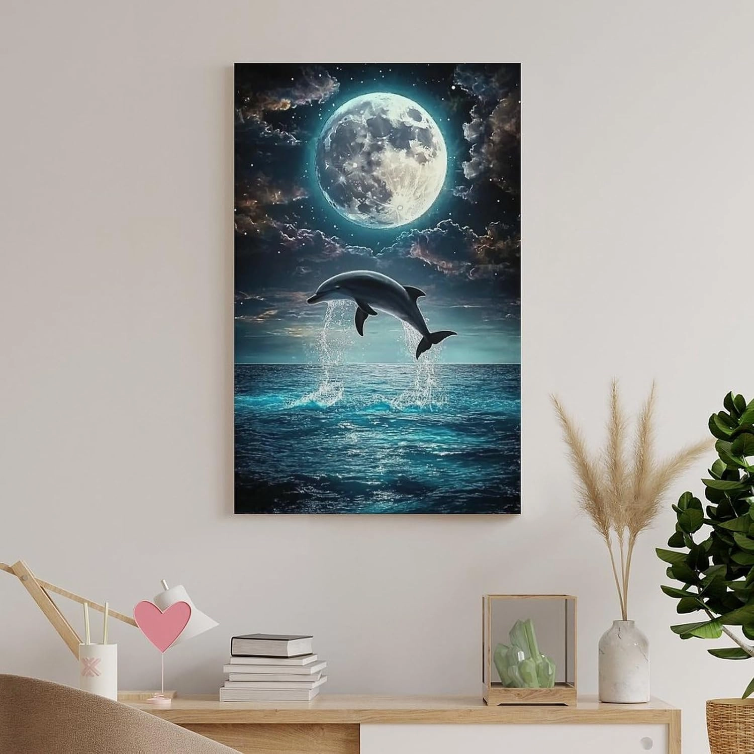 Beach Jumping Sea Moon Black Poster Canvas Wall Art Prints Posters for Room Aesthetic Bedroom Living Room Pictures Paintings Wall Decor for Mens Framed Unframed 16x24inch(40x60cm)