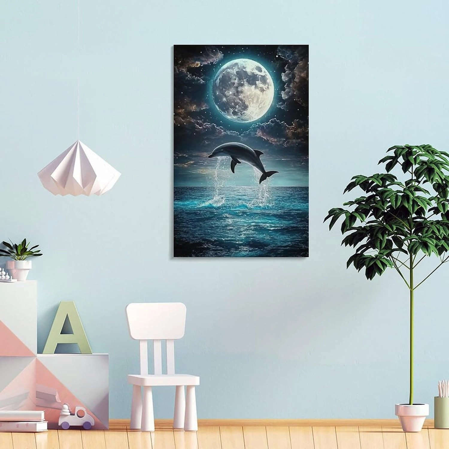 Beach Jumping Sea Moon Black Poster Canvas Wall Art Prints Posters for Room Aesthetic Bedroom Living Room Pictures Paintings Wall Decor for Mens Framed Unframed 16x24inch(40x60cm)