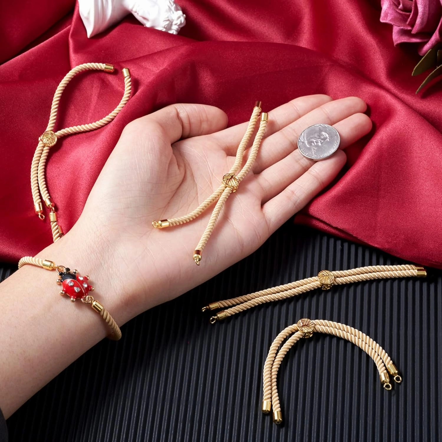 Beadthoven 10 Strands Adjustable Nylon Slider Bracelet Making 9’’ Inch(23cm) Twisted Cord Bracelet Makings with Brass Findings Real 18K Gold Plated Tree of Life Charms Jewelry Making(Light Khaki)