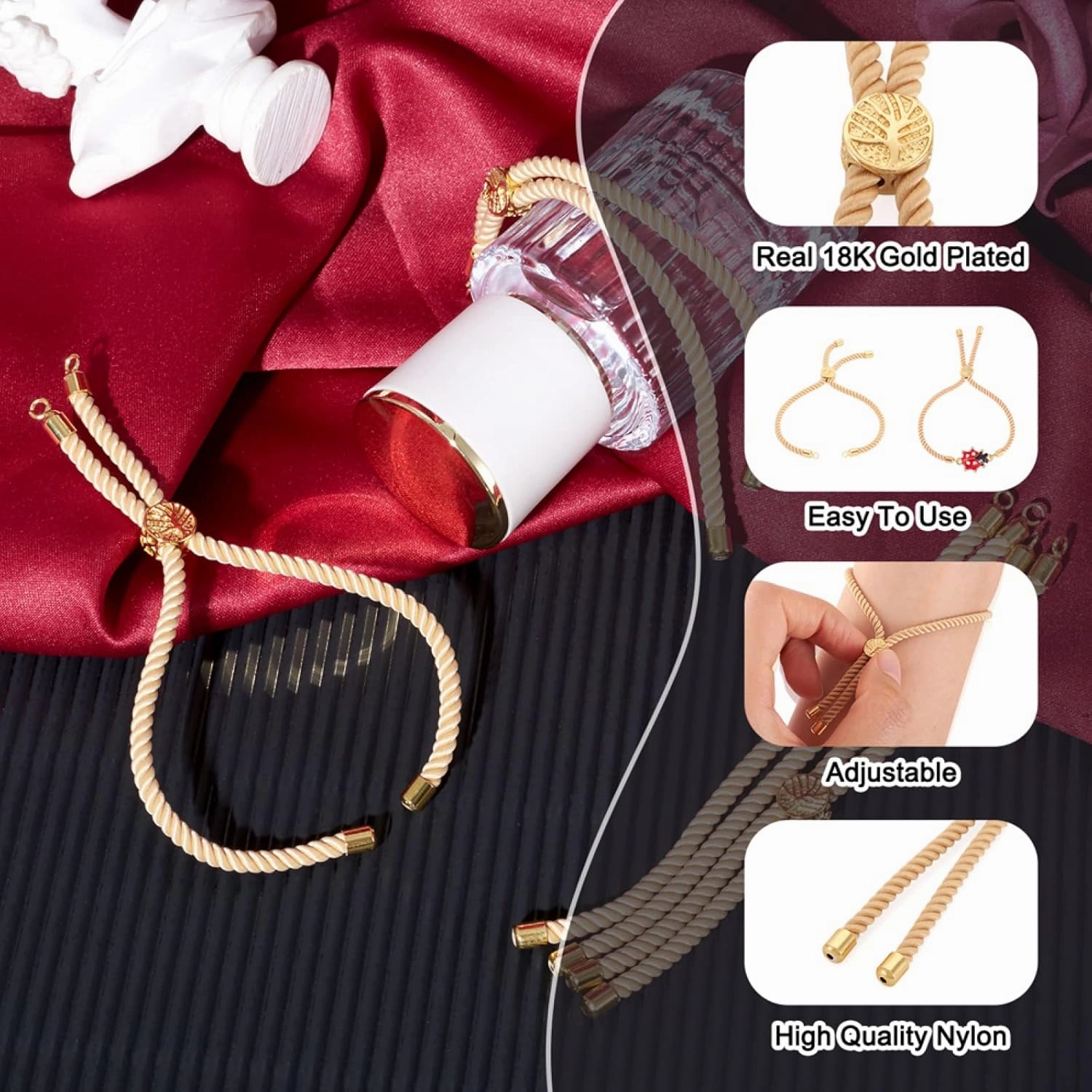 Beadthoven 10 Strands Adjustable Nylon Slider Bracelet Making 9’’ Inch(23cm) Twisted Cord Bracelet Makings with Brass Findings Real 18K Gold Plated Tree of Life Charms Jewelry Making(Light Khaki)