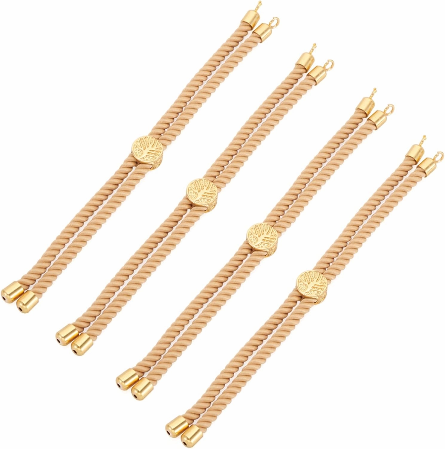 Beadthoven 10 Strands Adjustable Nylon Slider Bracelet Making 9’’ Inch(23cm) Twisted Cord Bracelet Makings with Brass Findings Real 18K Gold Plated Tree of Life Charms Jewelry Making(Light Khaki)