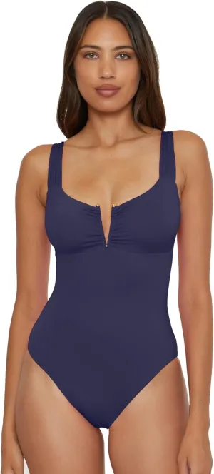 BECCA Women's Standard Color Code V-Wire Shirred One Piece Swimsuit, Plunge Neck, Bathing Suits