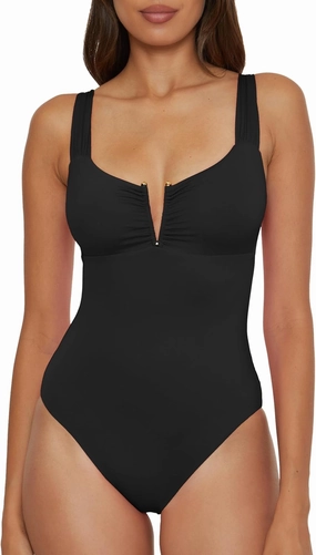BECCA Women's Standard Color Code V-Wire Shirred One Piece Swimsuit, Plunge Neck, Bathing Suits