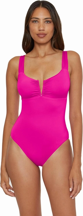 BECCA Women's Standard Color Code V-Wire Shirred One Piece Swimsuit, Plunge Neck, Bathing Suits