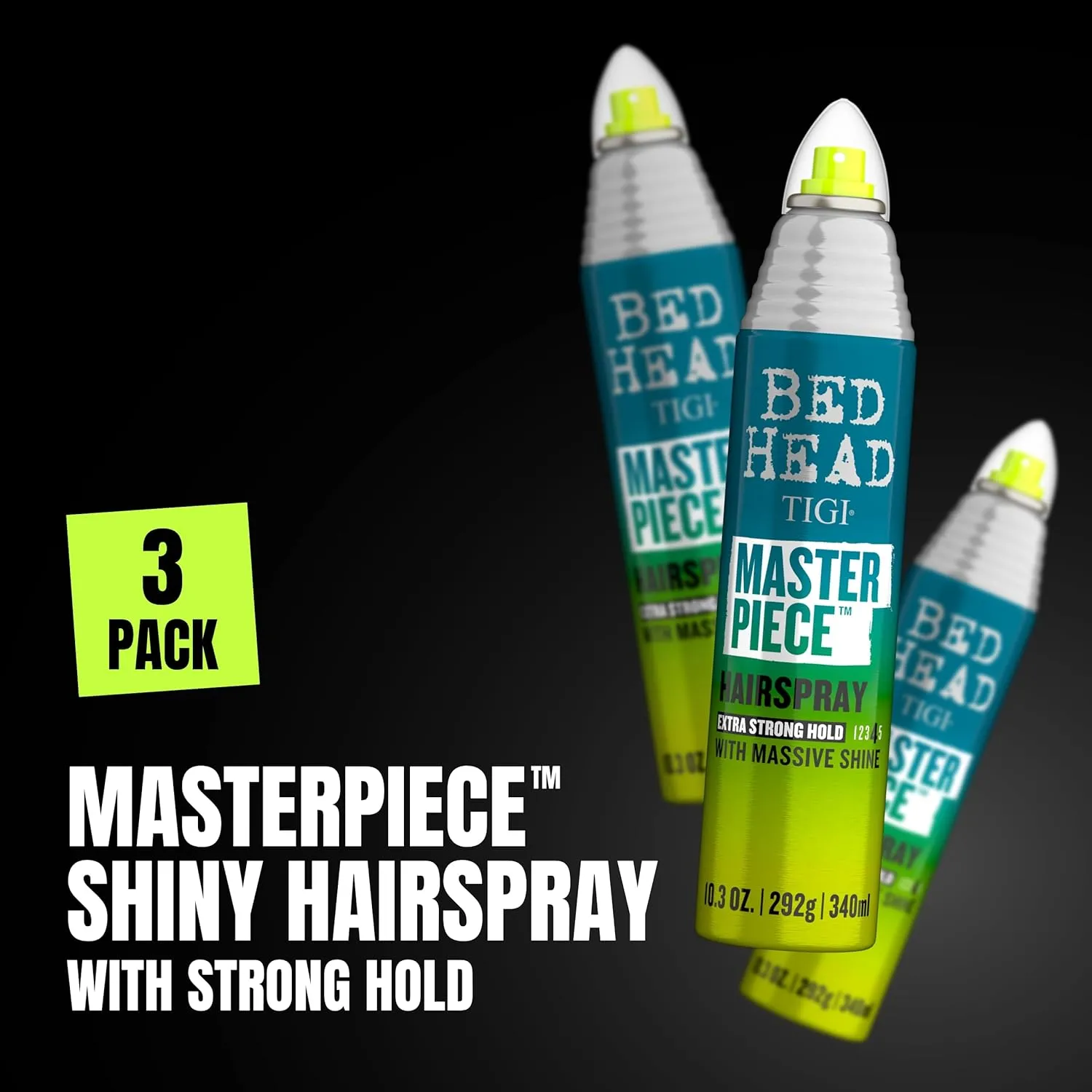 Bed Head TIGI Masterpiece Shiny Hairspray with Strong Hold - For All Hair Types - Extra Strong Hold & Shiny Finish - Use on Dry Hair - Premium Hair Care Products for Women & Men - 10.3 oz (3 Pack)
