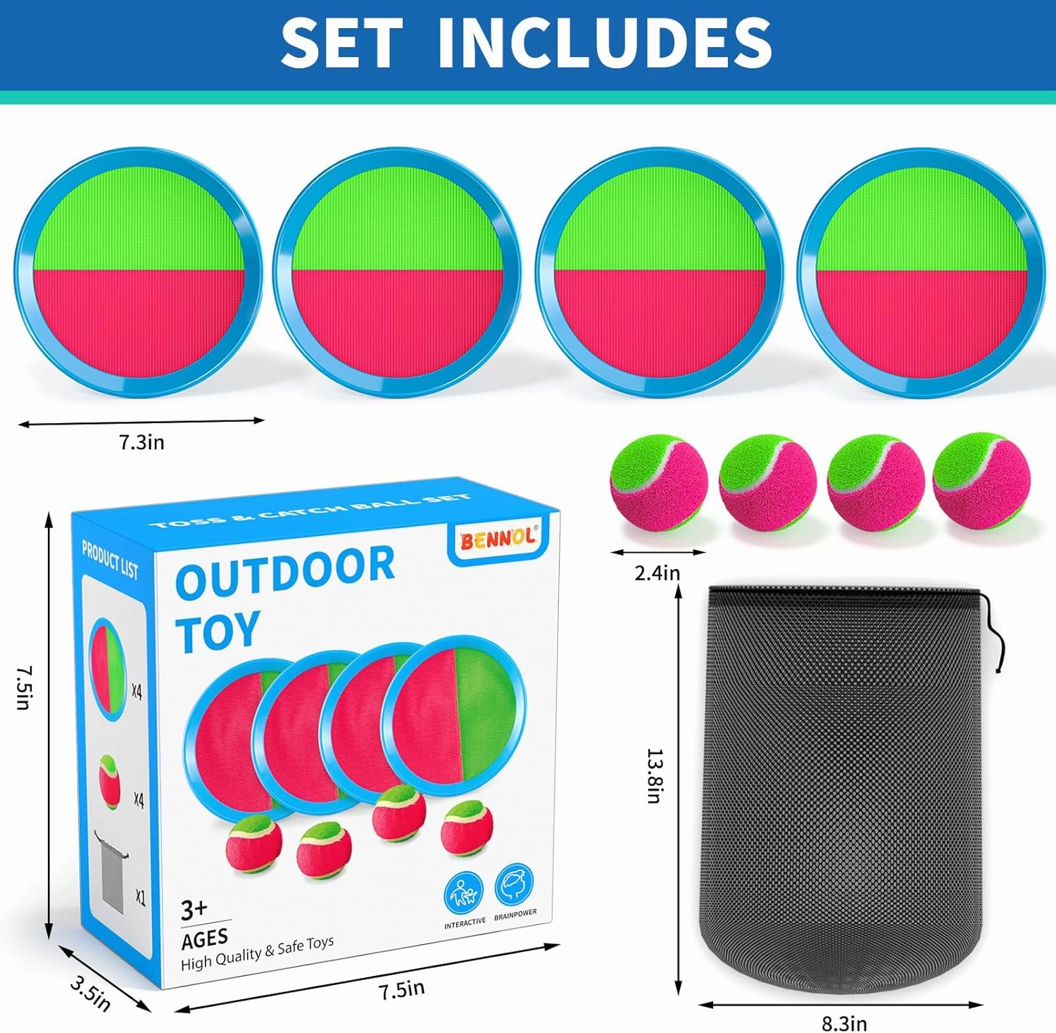 Bennol Toss and Catch Ball Game for Kids, 4 Paddles, 4 Balls & Storage Bag, Outdoor Toys for Ages 3-10, Yard Backyard Beach Games