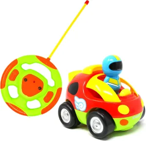Big Mo's Toys Cartoon RC Race Car – Beginner's Remote Control for Toddlers and Kids with Sounds, Music, Flashing Lights and Removable Driver Action Figure – Easy Steering Wheel Controller