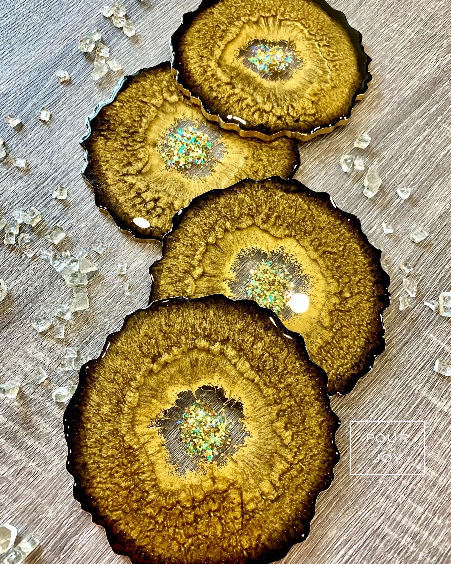 Black and Gold Coaster Set of 4 - Resin and Gold Sparkles