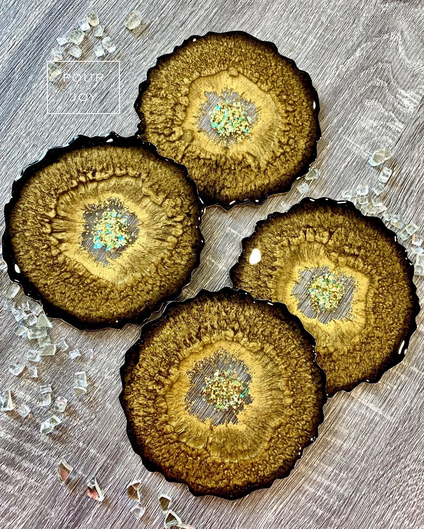 Black and Gold Coaster Set of 4 - Resin and Gold Sparkles
