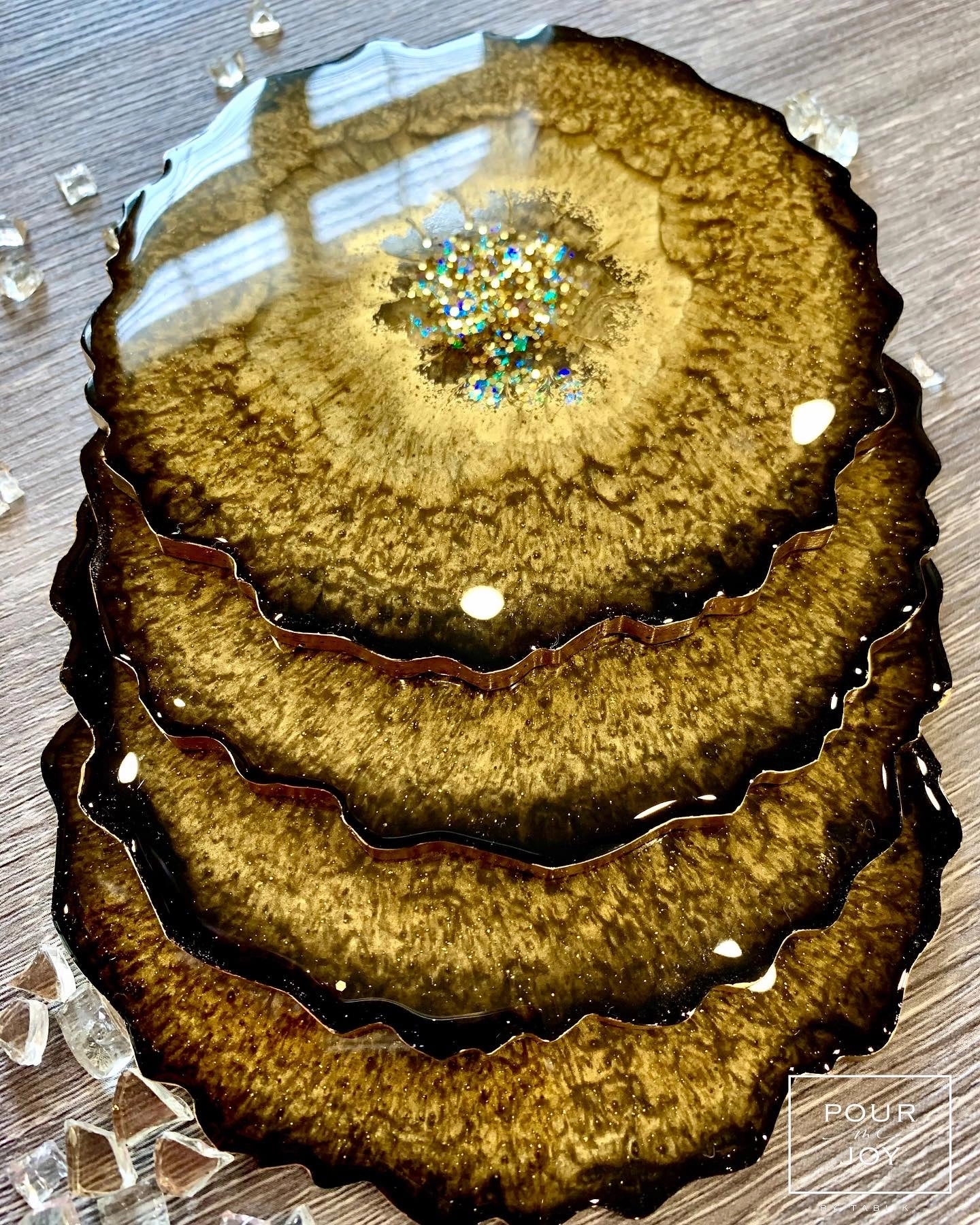 Black and Gold Coaster Set of 4 - Resin and Gold Sparkles