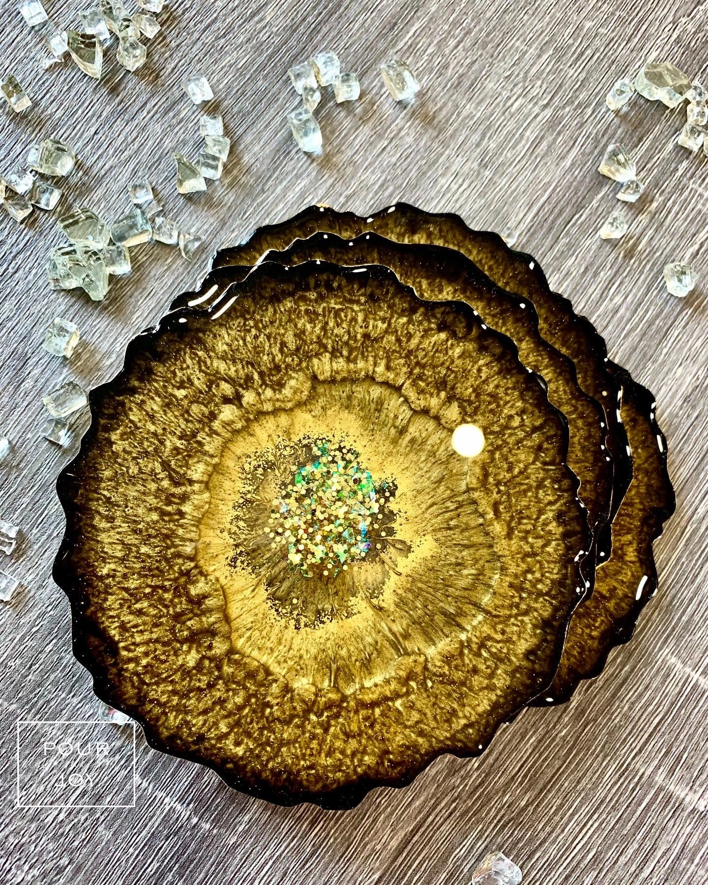 Black and Gold Coaster Set of 4 - Resin and Gold Sparkles