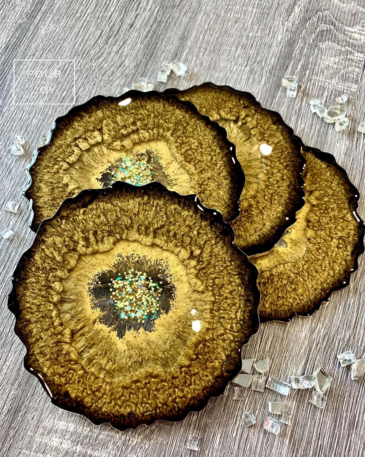 Black and Gold Coaster Set of 4 - Resin and Gold Sparkles