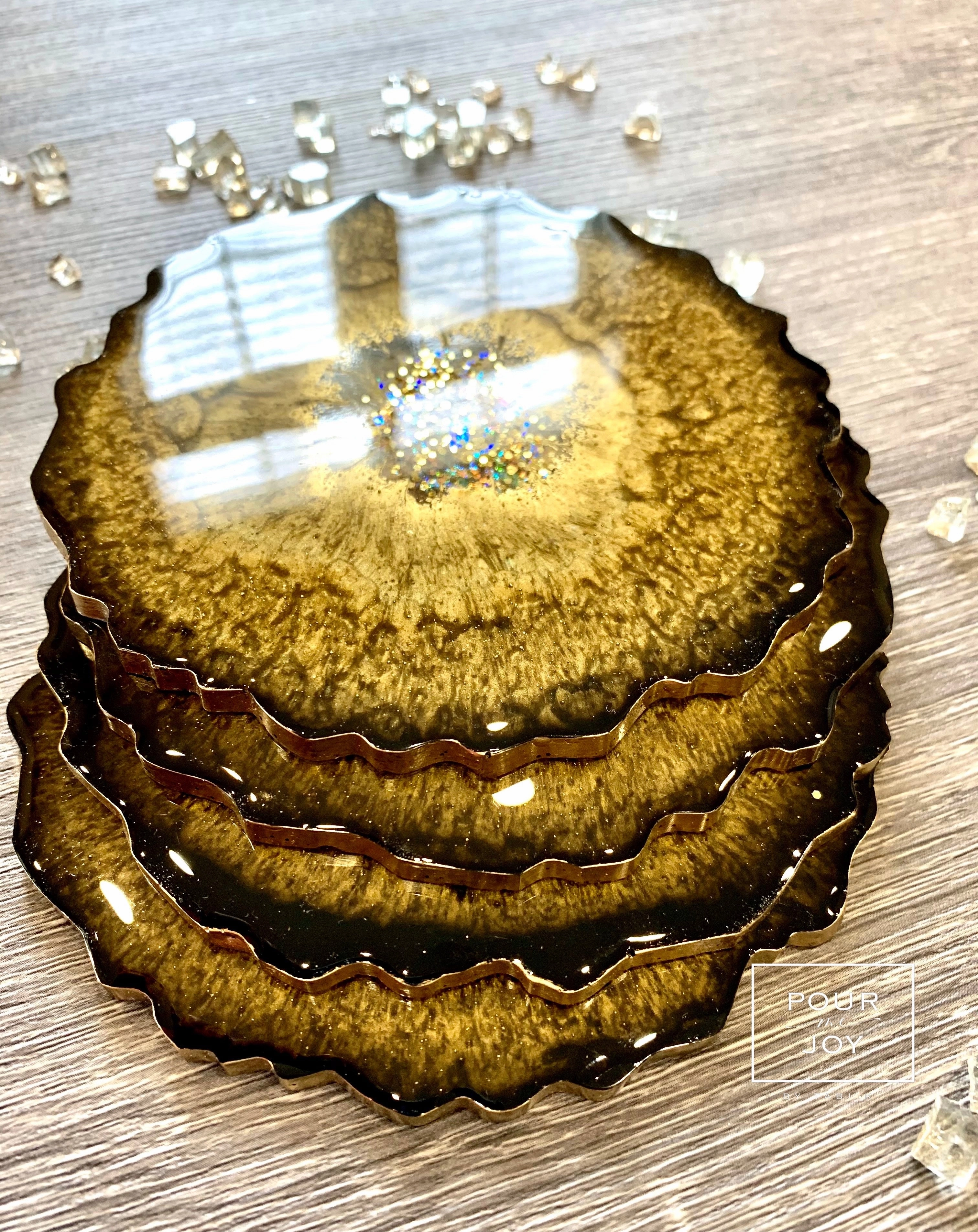 Black and Gold Coaster Set of 4 - Resin and Gold Sparkles