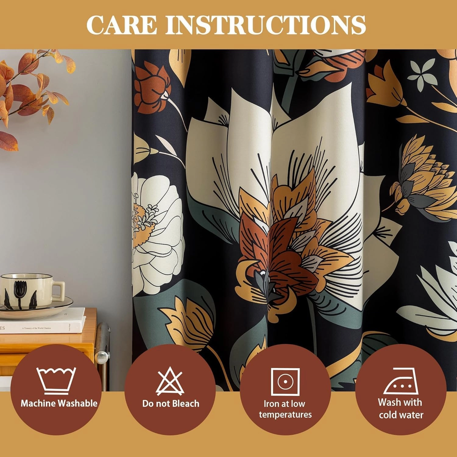 Black Boho Floral 100% Blackout Curtains for Bedroom 84 inch Long 2 Panels Mid Century Botanical Black Out Curtains for Living Room Grommet Thermal Insulated Room Darkening Window Drapes,52Wx84L