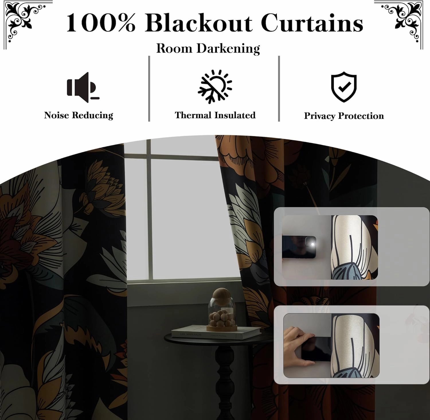 Black Boho Floral 100% Blackout Curtains for Bedroom 84 inch Long 2 Panels Mid Century Botanical Black Out Curtains for Living Room Grommet Thermal Insulated Room Darkening Window Drapes,52Wx84L