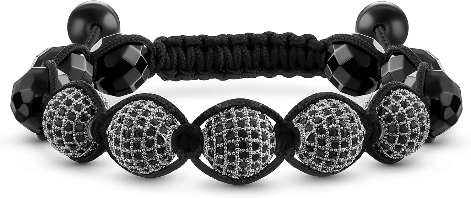 Bling Jewelry Black White Gold Tone Bead Pave Crystal Ball Shamballa Inspired Bracelet For Women For Men Cord String Adjustable 12MM