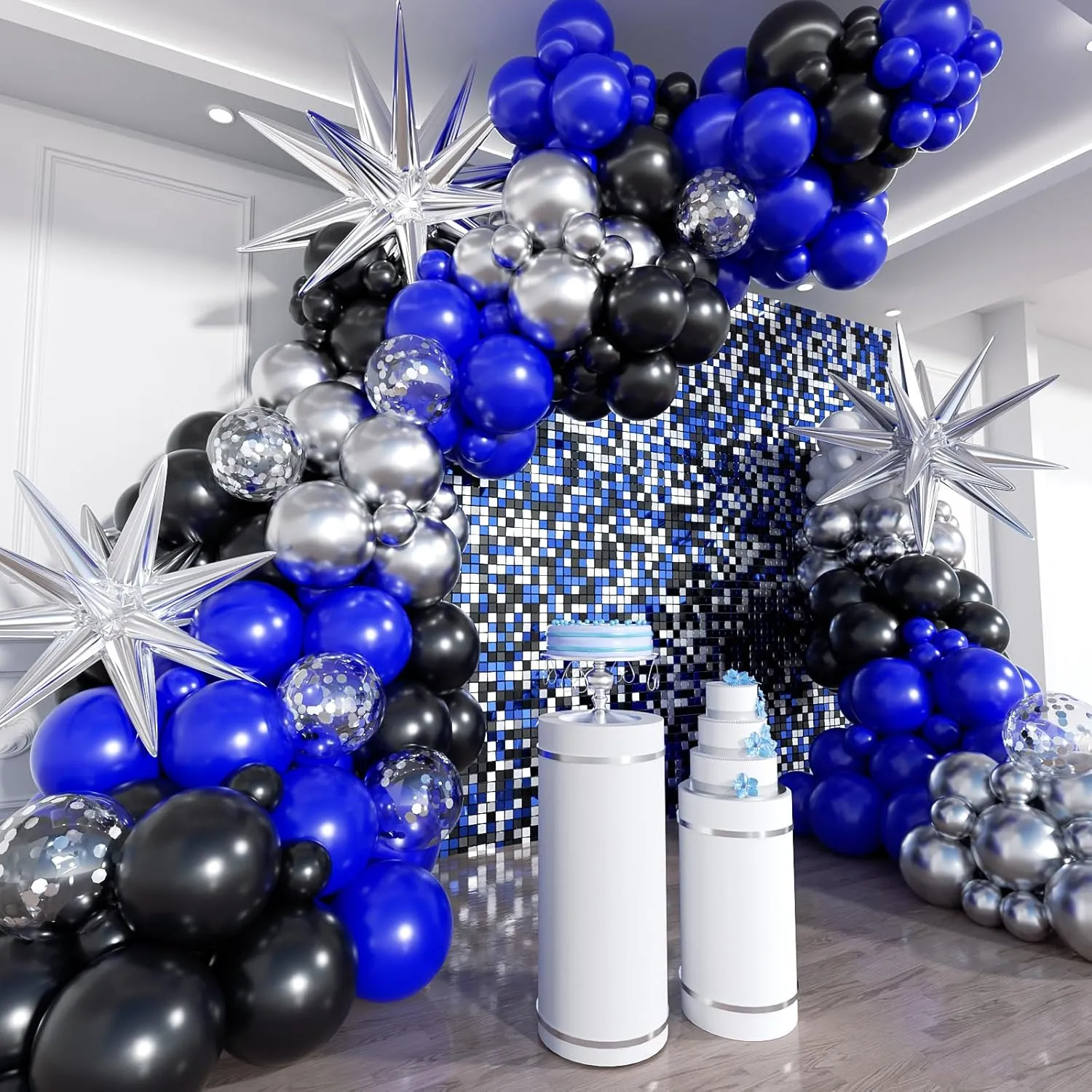 Blue and Black Balloon Arch Kit, 201Pcs Explosion Star Royal Blue Metallic Sliver Black Balloon Garland kit, Different Size Balloons for Anniversary Birthday Graduation Prom Party Decorations