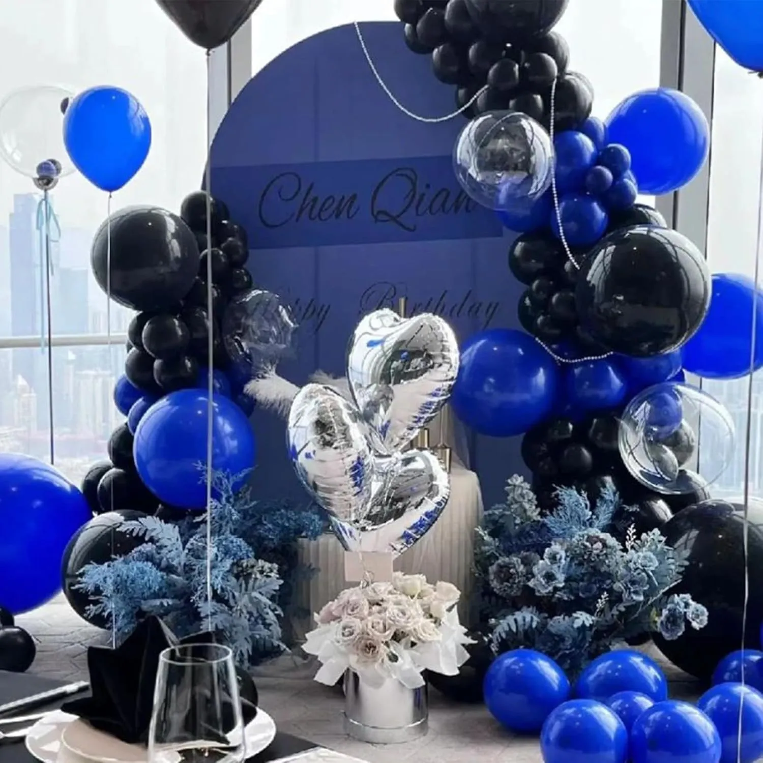 Blue and Black Balloon Arch Kit, 201Pcs Explosion Star Royal Blue Metallic Sliver Black Balloon Garland kit, Different Size Balloons for Anniversary Birthday Graduation Prom Party Decorations