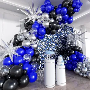 Blue and Black Balloon Arch Kit, 201Pcs Explosion Star Royal Blue Metallic Sliver Black Balloon Garland kit, Different Size Balloons for Anniversary Birthday Graduation Prom Party Decorations