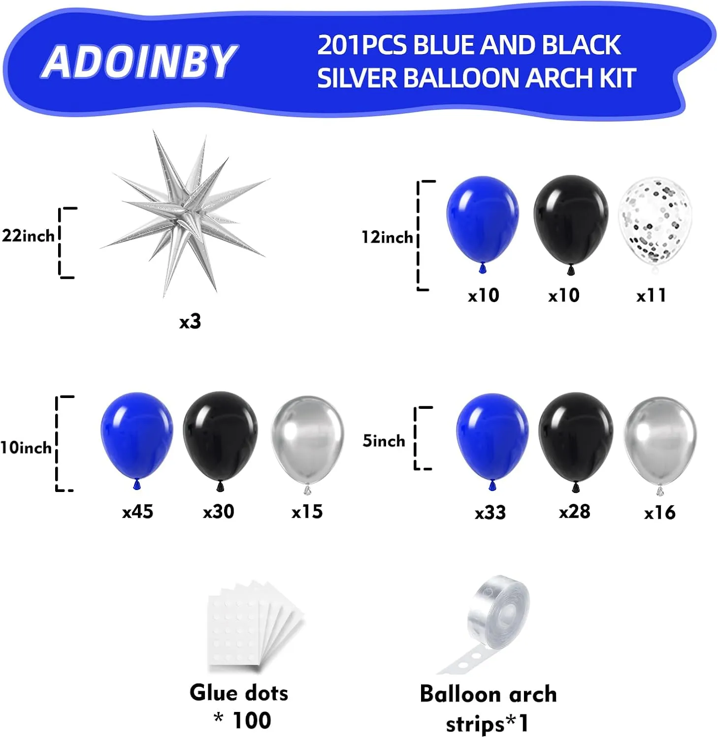 Blue and Black Balloon Arch Kit, 201Pcs Explosion Star Royal Blue Metallic Sliver Black Balloon Garland kit, Different Size Balloons for Anniversary Birthday Graduation Prom Party Decorations