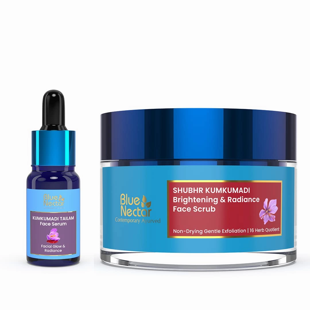 Blue Nectar Kumkumadi Face Oil for Glowing Skin with Natural Herbs (1 Fl Oz) & Kumkumadi Gentle Exfoliating Face Scrub for Tan Removal and Blackheads (1.76 Oz)