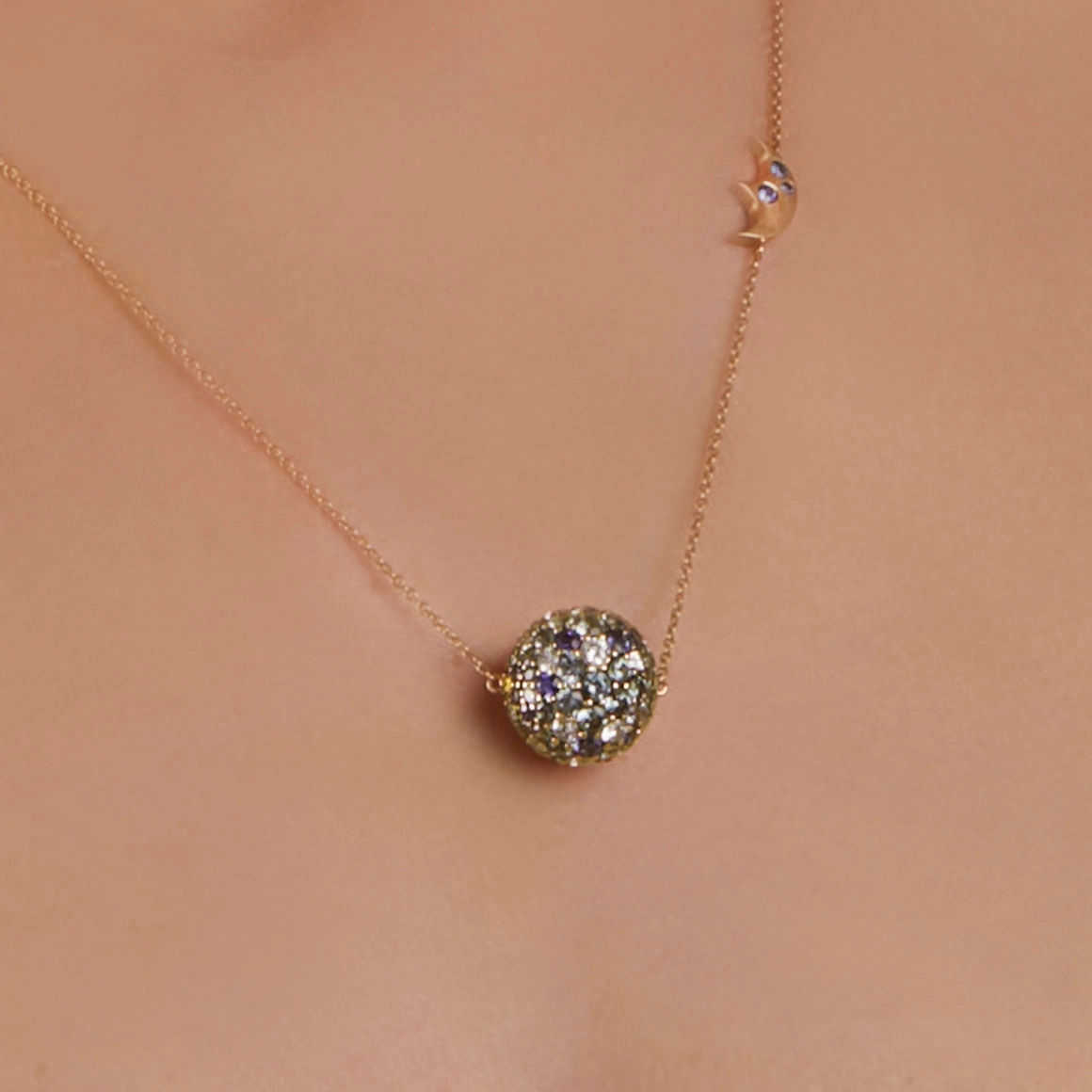 BLUE SAPPHIRE pavé ball pendant with  crescent moon motif charm