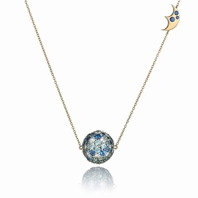 BLUE SAPPHIRE pavé ball pendant with  crescent moon motif charm
