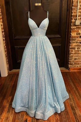Blue Shiny A-line Empire Long Prom Gown