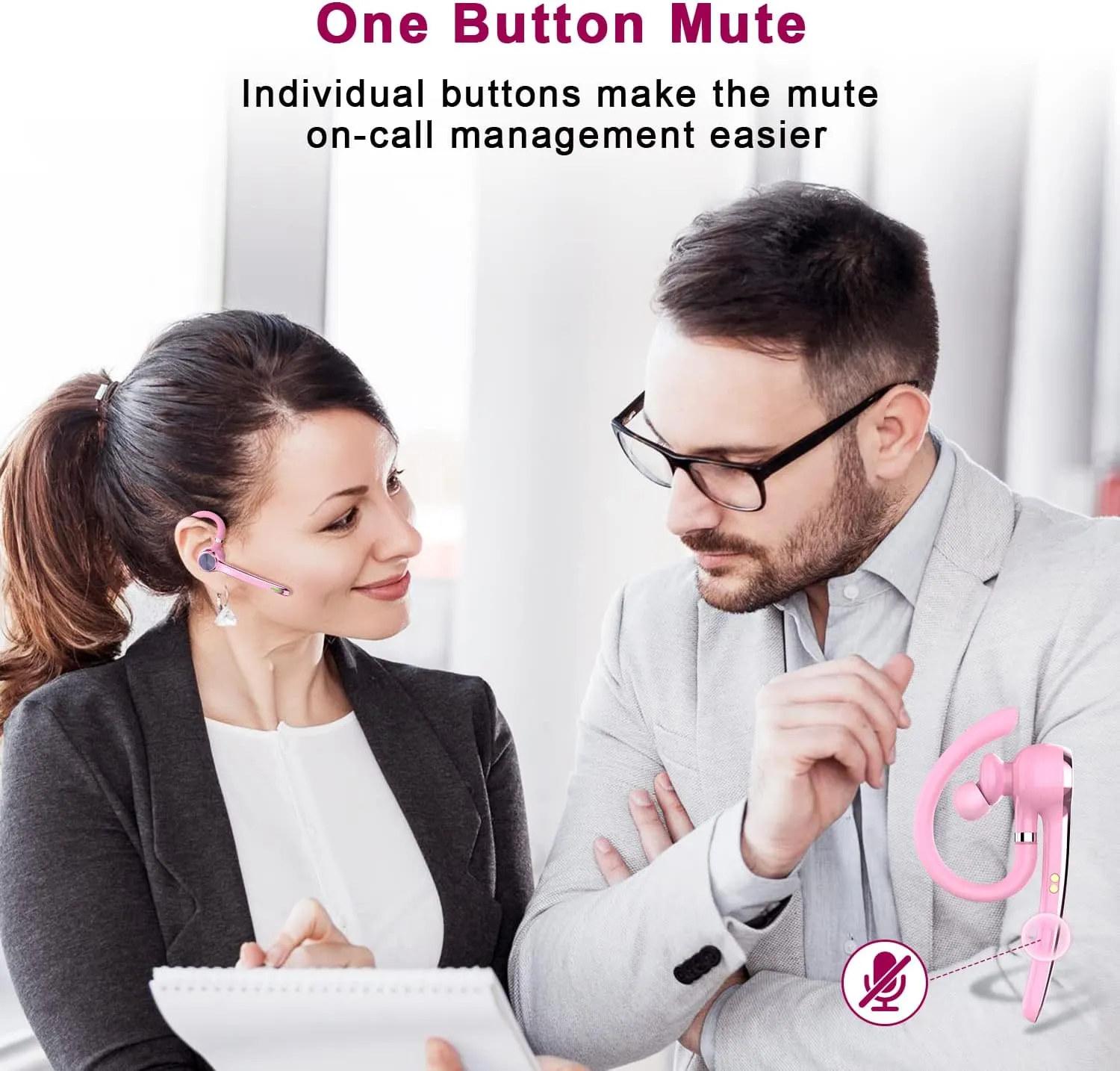 Bluetooth Headset, Wireless Bluetooth Earpiece with 500mAh Charging Case 72 Hours Talking Time Built-in Microphone for iOS Android Cell Phone, V5.1 Hand-Free Headphones for Trucker, Office-Pink