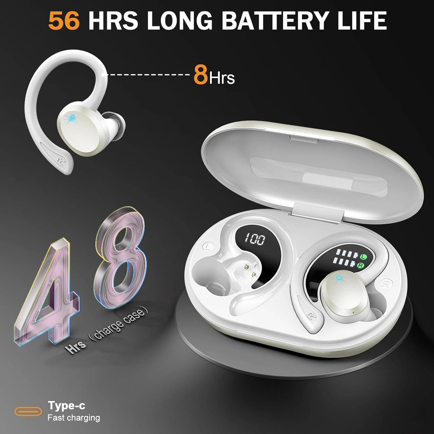 Bluetooth 5.4 Headphones Sport, 2025 Wireless Earbuds Bass Hi-Fi Stereo Over Ear Buds, 56Hrs Noise Cancelling Headset with Earhook, IP7 Waterproof Earphones Workout Running for Laptop Pad Android iOS