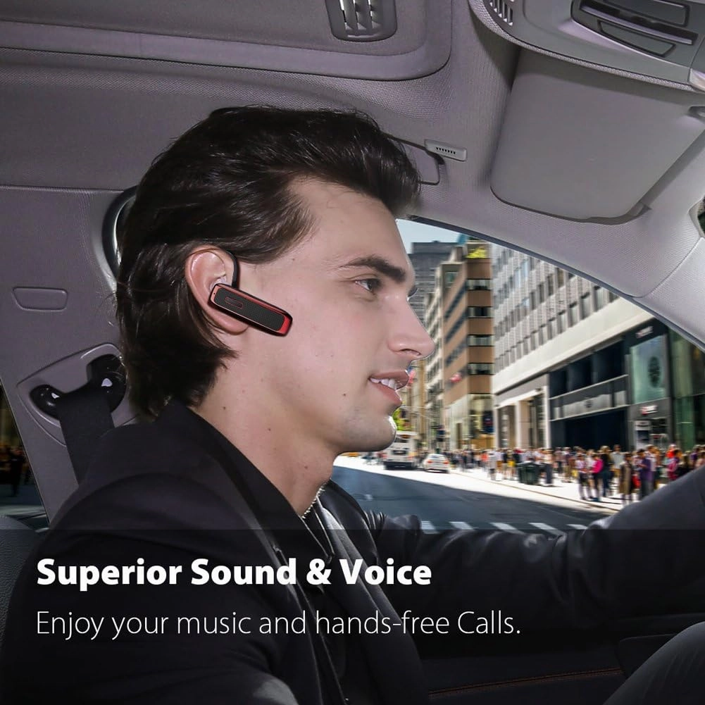 Bluetooth Headset, Hands-Free Wireless Earpiece w/ 18 Hours Playtime and Noise Cancelling Mic for iPhone Samsung Android Cellphone Truck Driver - Red
