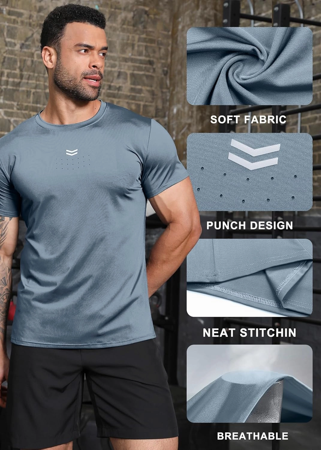 Boyzn Men's Reflective Stripe & Perforated Breathable T-Shirt - Moisture Wicking Quick Dry Gym Shirt for Running, Basketball