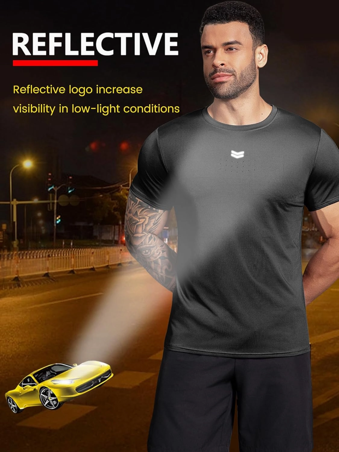 Boyzn Men's Reflective Stripe & Perforated Breathable T-Shirt - Moisture Wicking Quick Dry Gym Shirt for Running, Basketball