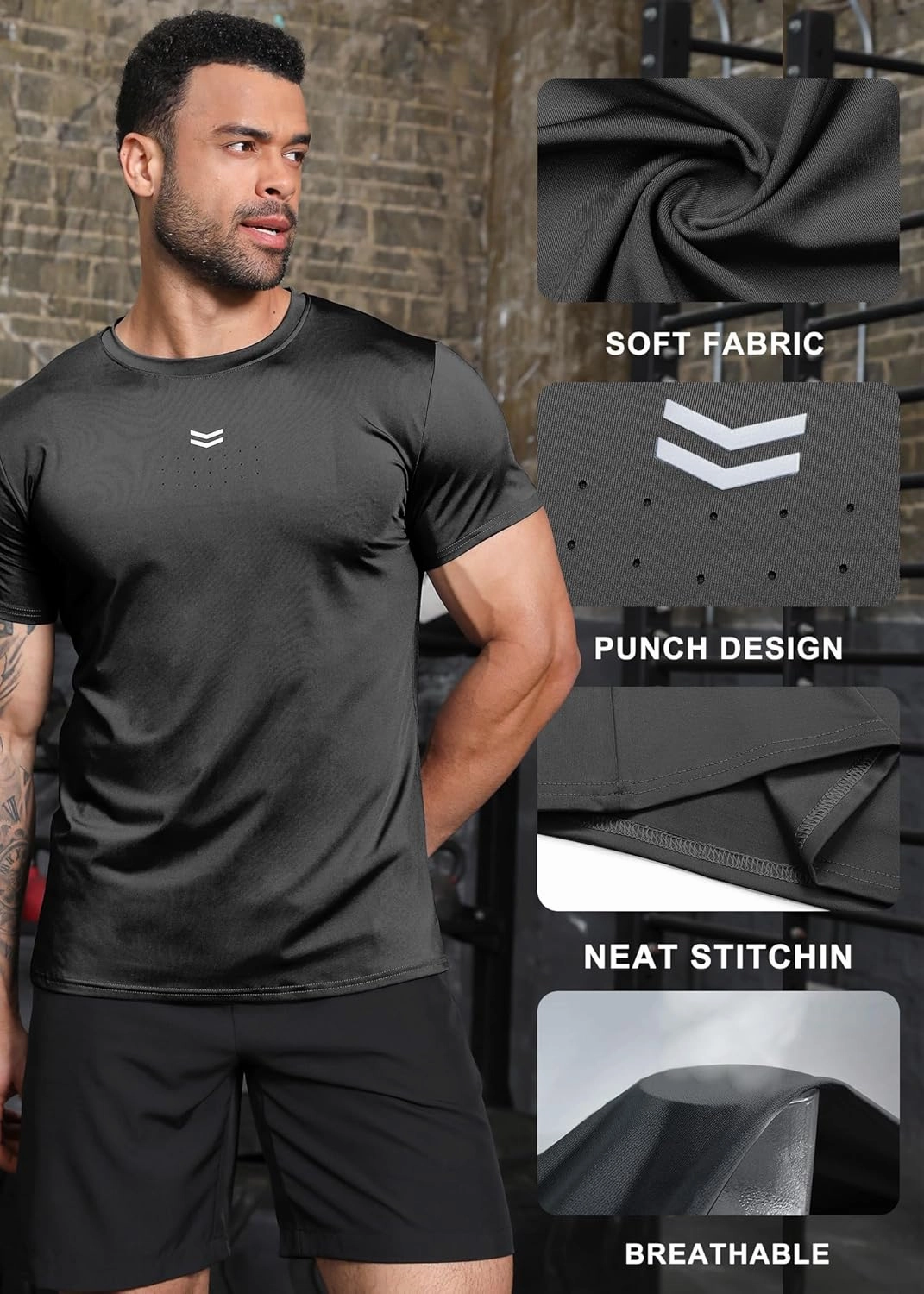 Boyzn Men's Reflective Stripe & Perforated Breathable T-Shirt - Moisture Wicking Quick Dry Gym Shirt for Running, Basketball