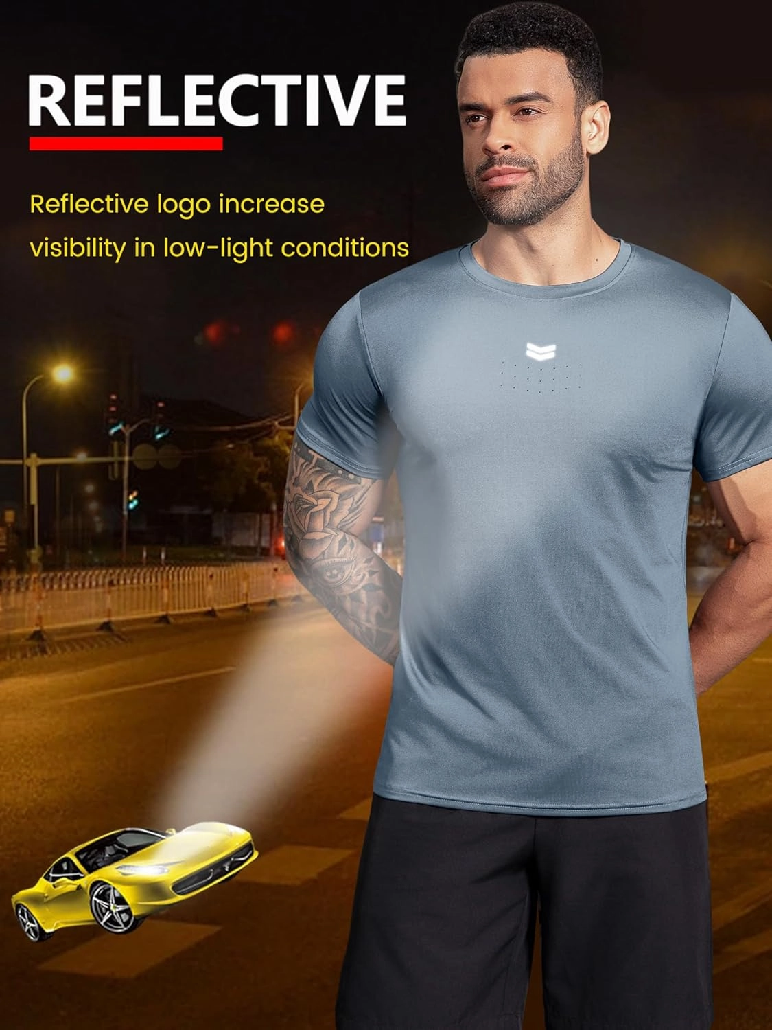 Boyzn Men's Reflective Stripe & Perforated Breathable T-Shirt - Moisture Wicking Quick Dry Gym Shirt for Running, Basketball