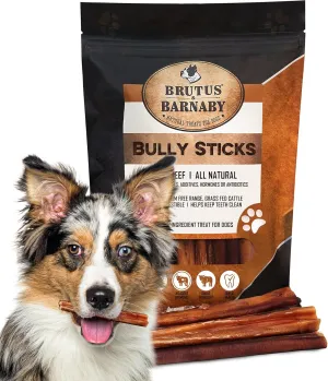 BRUTUS & BARNABY Grass Fed Bully Sticks for Dogs, Fully Digestible Dog chew, Grain Free, Rawhide Free, 100% Natural Beef, Small Batched for Freshness and Low Odor