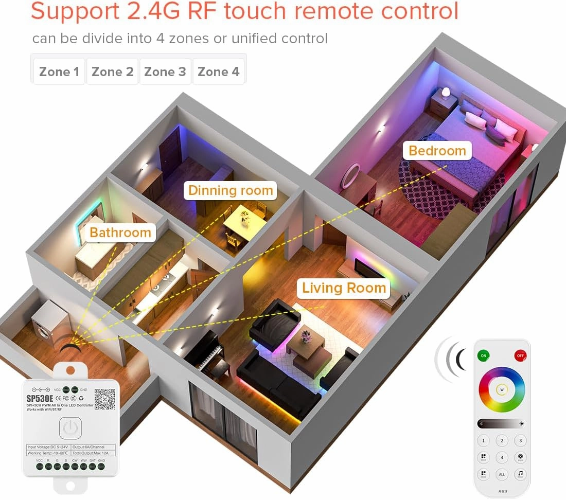 BTF-LIGHTING SP530E WiFi Alexa Bluetooth Controllers 4 Zones 2.4GHz RF RB3 Remote Kit Support FCOB COB SMD PWM or SPI RGB RGBW LED Strip WS2811 WS2812B WS2814 WS2815 SK6812 IC etc DC5V DC12V DC24V